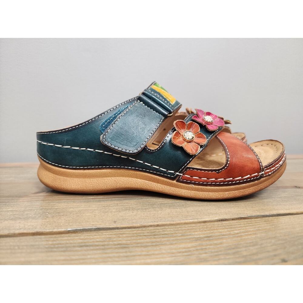 Comfort Floral Two-Tone Leather Slide Sandal - Teal & Rust